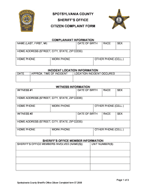 Citizen Complaint Form Spotsylvania County