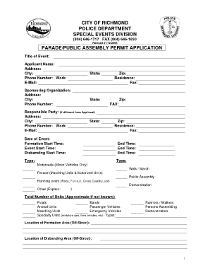 CITY of RICHMOND POLICE DEPARTMENT SPECIAL EVENTS DIVISION 804 646 1717 FAX 804 646 1830 Revised 0112 PARADEPUBLIC ASSEMBLY PERM  Form