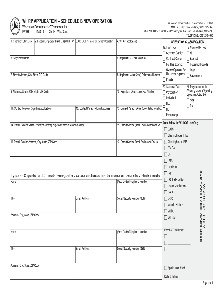  MV2854 New Operation Schedule B Wisconsin IRP Application Dot Wi 2014