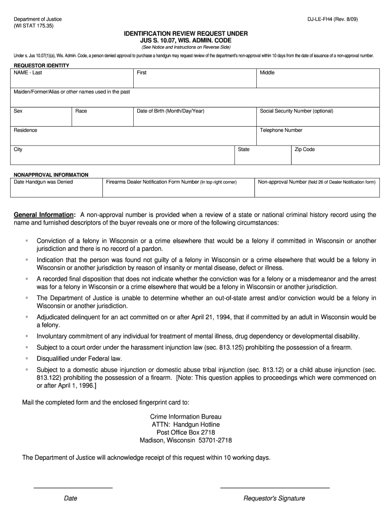 DJ LE FH4 Firearms Denial Appeal Form Doj Wi