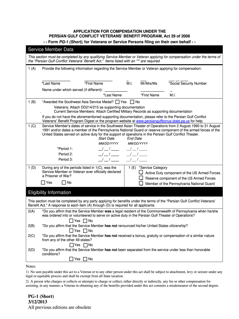 PG 1 Short  Pennsylvania Department of Military and Veterans    Milvet State Pa  Form