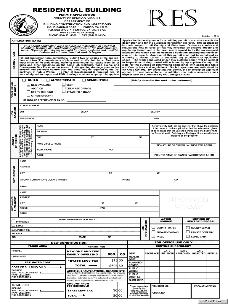 Residential Building Permit Application Henrico County Co Henrico Va  Form