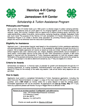  Summer Camp Scholarship Application Sample DOC Co Henrico Va 2012