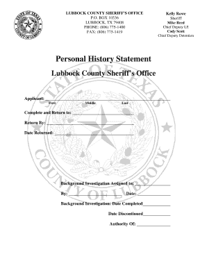 Personal History Statement Lubbock County Sheriff&amp;#39;s Office  Form