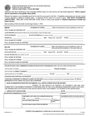 D Missouri Application for Vital Record Birth or Death Cert PDF  Form