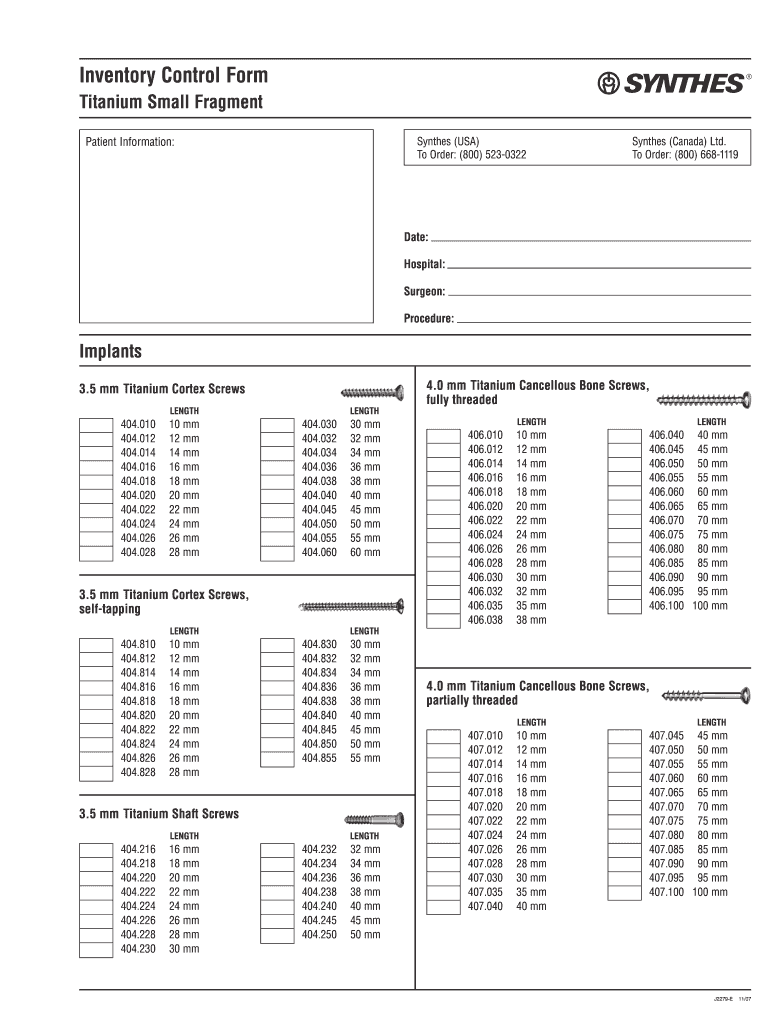 Synthes Small Frag Inventory  Form