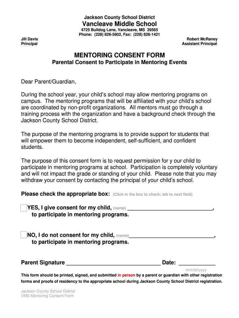 MENTORING CONSENT FORM Jackson County School District