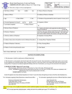 BCertificateb of Age Rhode Island Department of Labor and Training  Form