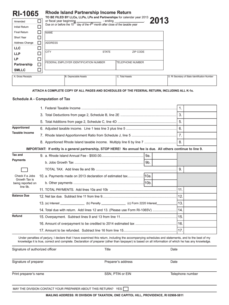  RI 1065 Corp Forms  Rhode Island Division of Taxation  Tax State Ri 2013