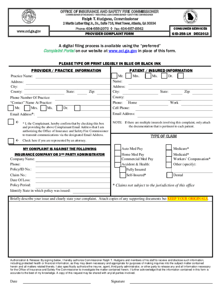 GID 258 LH Georgia, Insurance Inscomm State Ga  Form