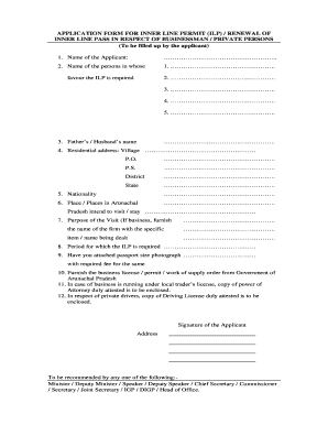 Inner Line Permit Arunachal Pradesh Cost  Form