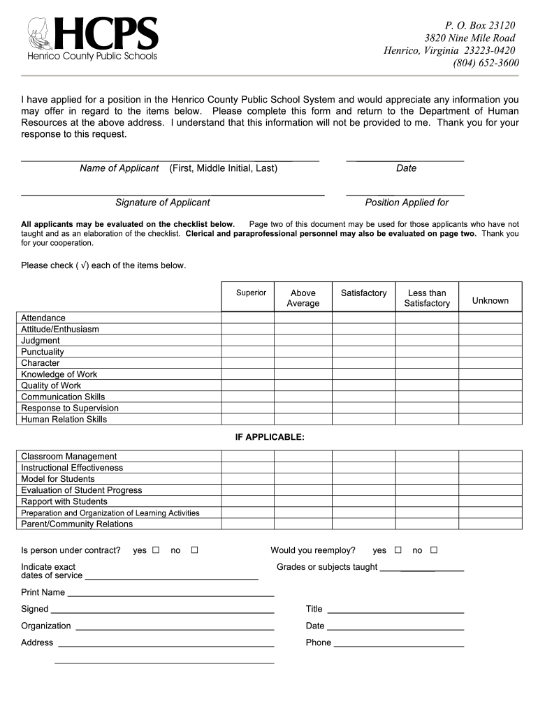 Printable School Affidavit Form for Henrico County School