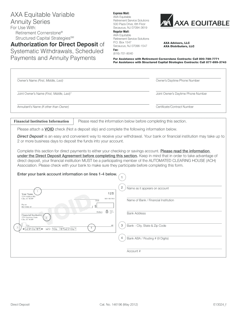 Direct Deposit Authorization PDF*  AXA Equitable  Form