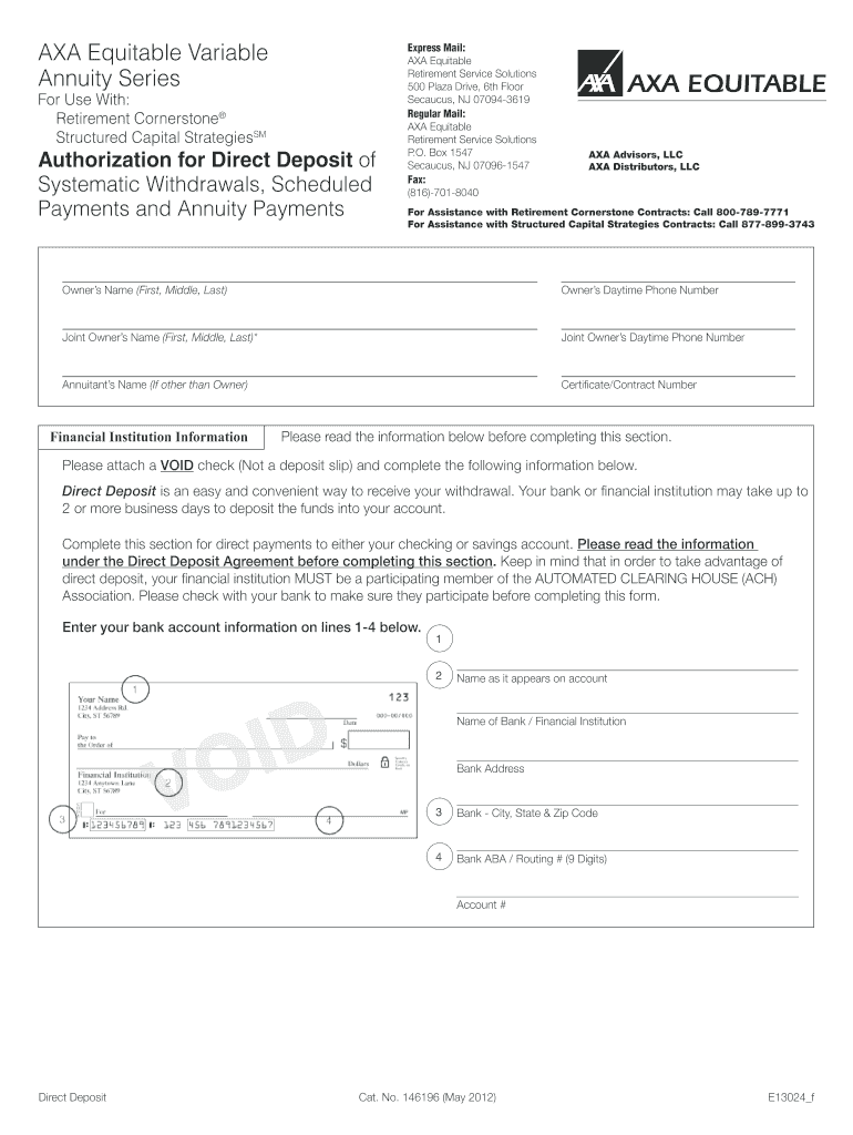 Direct Deposit Authorization PDF* AXA Equitable Form