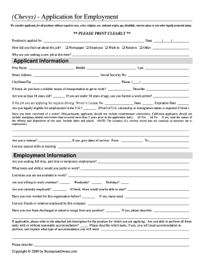Chevys Application for Employment Home  Form