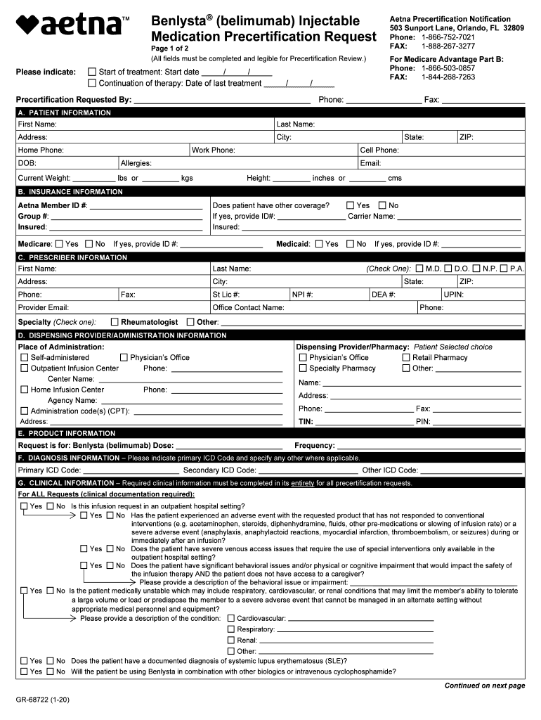  GR 68722 Medication Precertification Form Aetna 2020