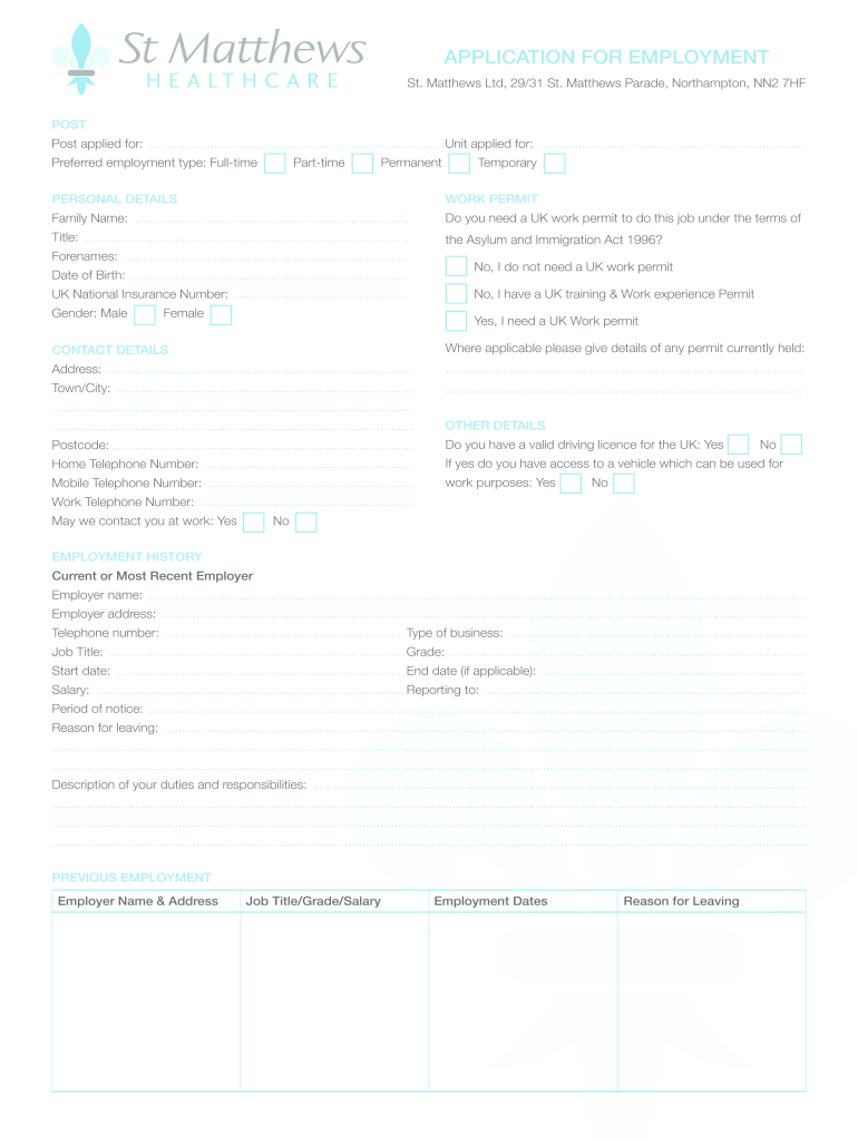 Application for a Care Job  Form