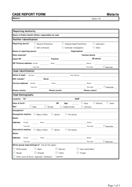 CASE REPORT FORM Malaria Public Health Surveillance Surv Esr Cri