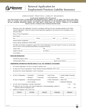 Renewal Application for Employment Practices Liability Hanover  Form