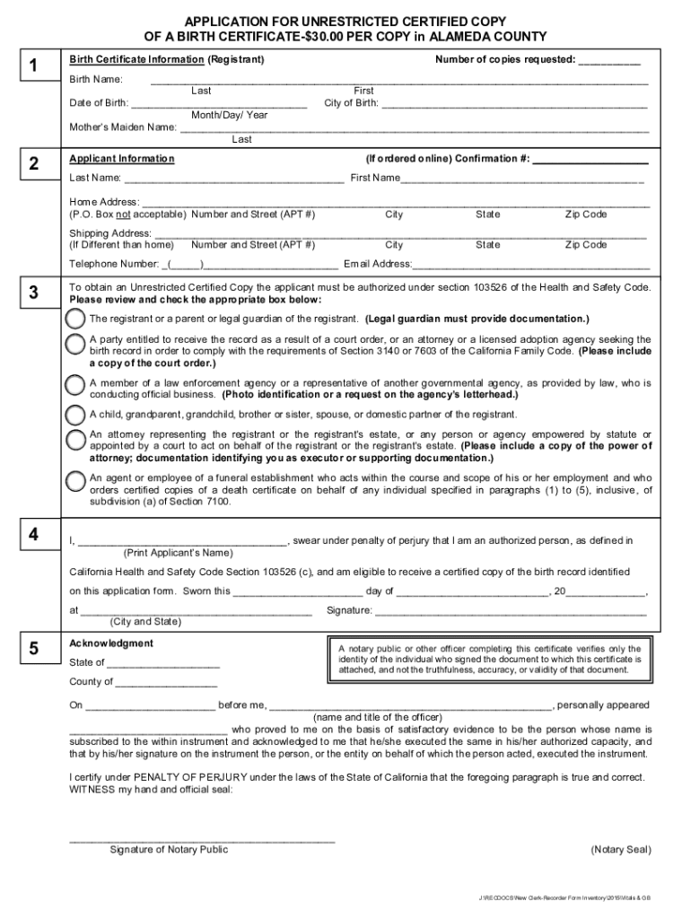 Alameda County Birth Certificate Application Form