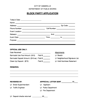 BLOCK PARTY APPLICATION City of Camarillo Ci Camarillo Ca  Form