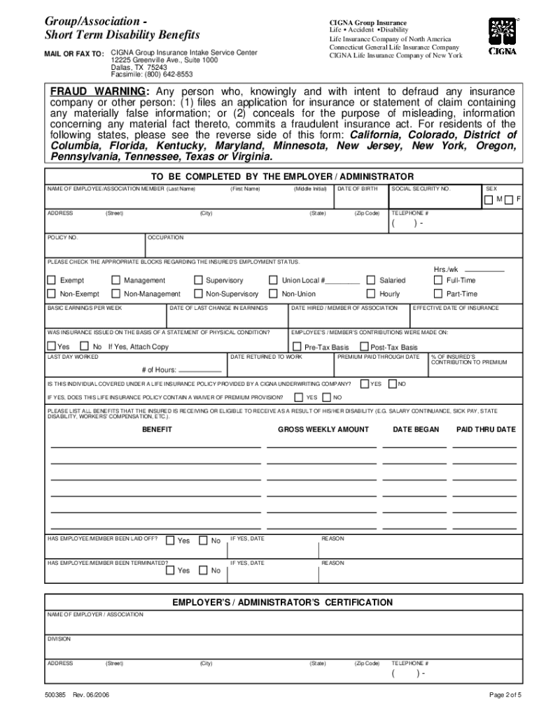 GroupAssociation Short Term Disability Benefits Cigna  Form