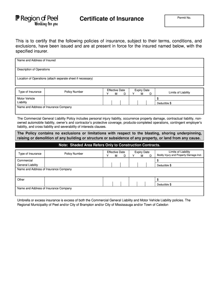 Region of Peel Certificate of Insurance  Form