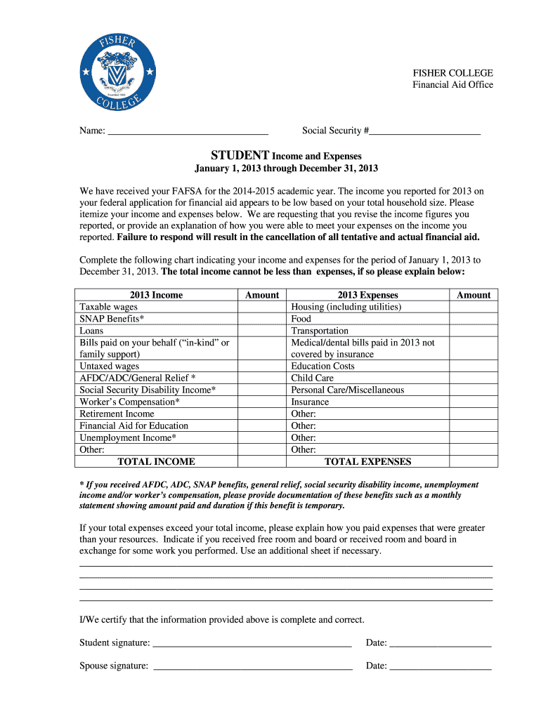  Student Income and Expense Form  Fisher College 2013