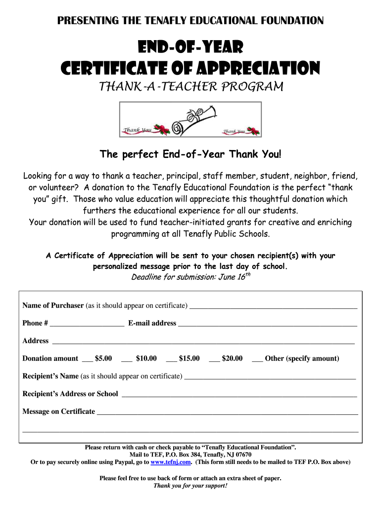 Get and Sign Thank a Teacher Written Form Print and Mail Tenafly Public Sites Tenafly K12 Nj 