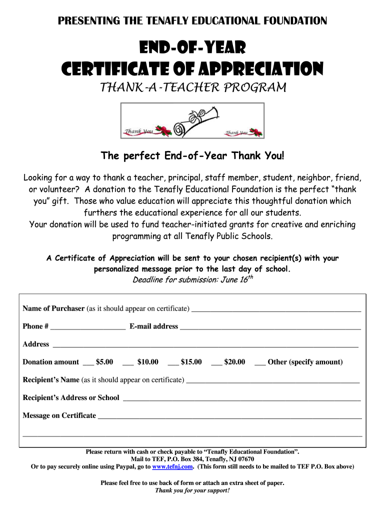 Thank a Teacher Written Form Print and Mail Tenafly Public Sites Tenafly K12 Nj