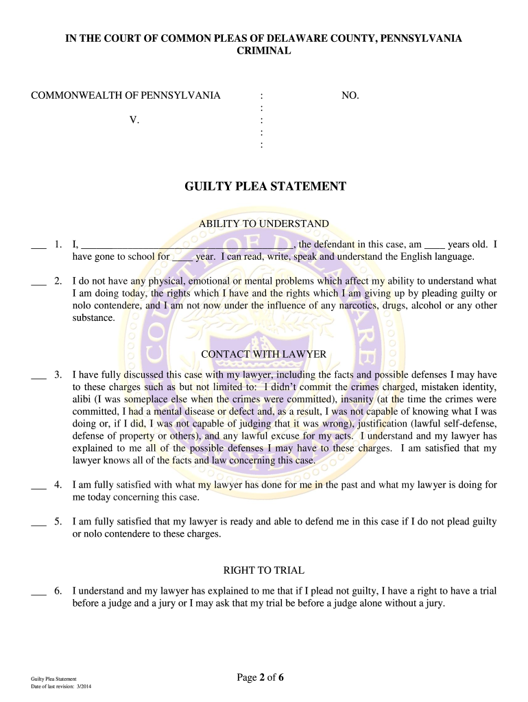 Guilty Plea Statement Delaware County  Form