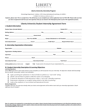 Liberty University Student Internship Agreement Form Liberty