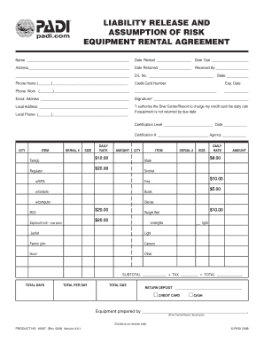 16 Rental Form for Scuba Diving Equipment Divers Training