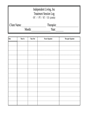 Independent Living, Inc Treatment Session Log Client Name  Form