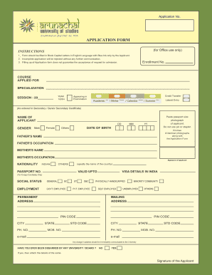 Arunachal University of Studies Marksheet  Form