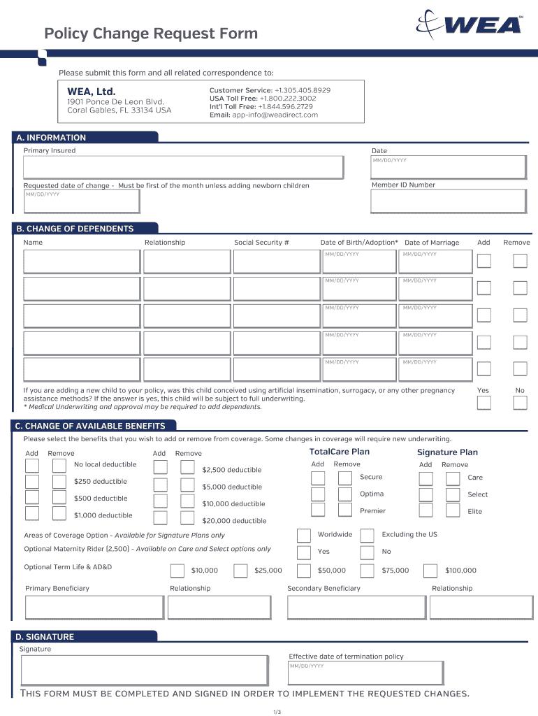  Policy Change Request Form  WEA Direct 2015-2024