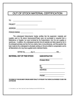 Out of Stock Material Certification  Form