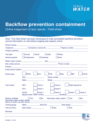 Backflow Lodgement  Form