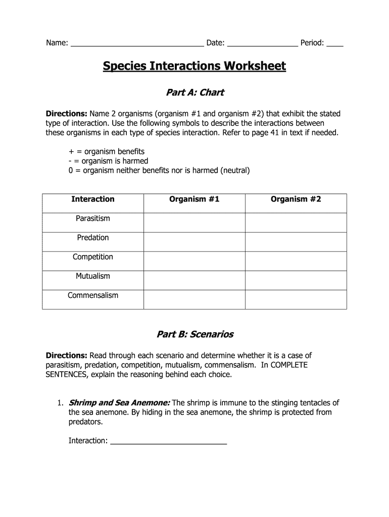 Species Interactions Worksheet Answers