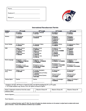 High School Course Selection Sheet  Form