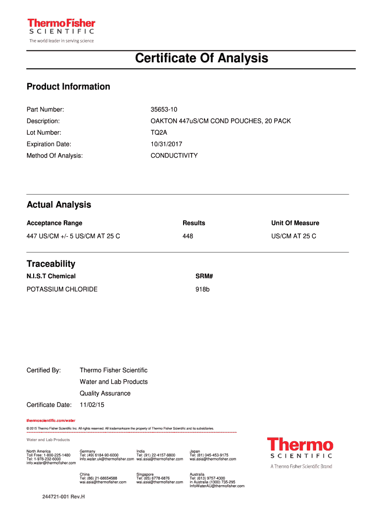 Cole Parmer Certificate of Analysis  Form