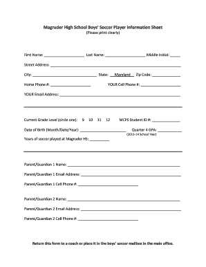 Soccer Player Information Sheet