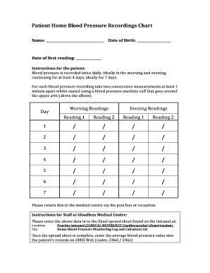 Printable Nhs Blood Pressure Recording Chart  Form