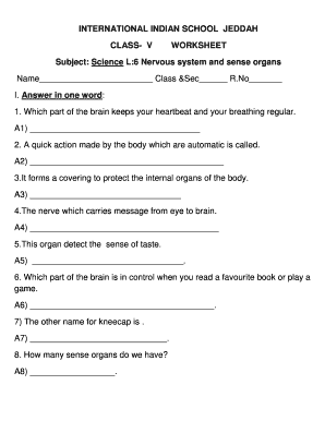 Nervous System Worksheet Grade 5 PDF  Form