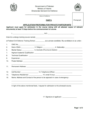 PART I APPLICATION PROFORMA for PRIVATE PARTICIPANTS Civildefence Gov