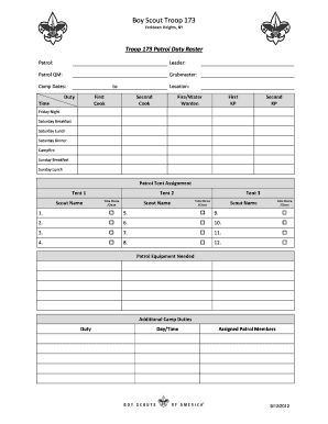 Troop 173 Patrol Duty Roster  Form