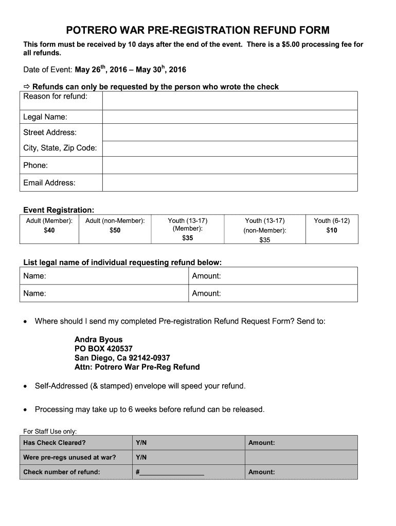  POTRERO WAR PRE REGISTRATION REFUND FORM  Potrerowar 2016-2024