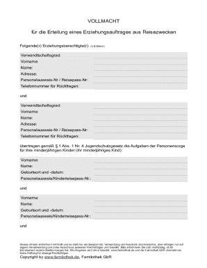 Vollmacht F R Die Erteilung Eines Erziehungsauftrages Aus Reisezwecken  Form