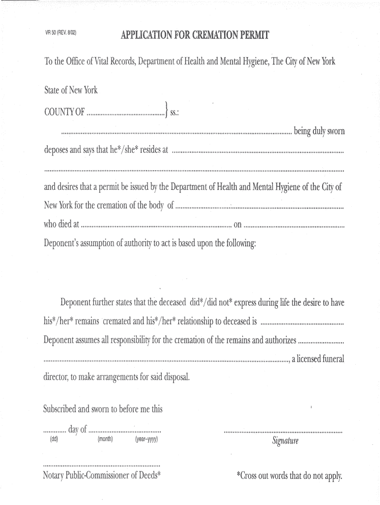 VR 50 REV 802 APPLICATION FORCREMATION PERMIT  Form