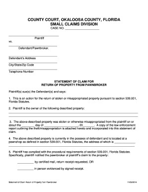Okaloosa County Small Claims Court  Form